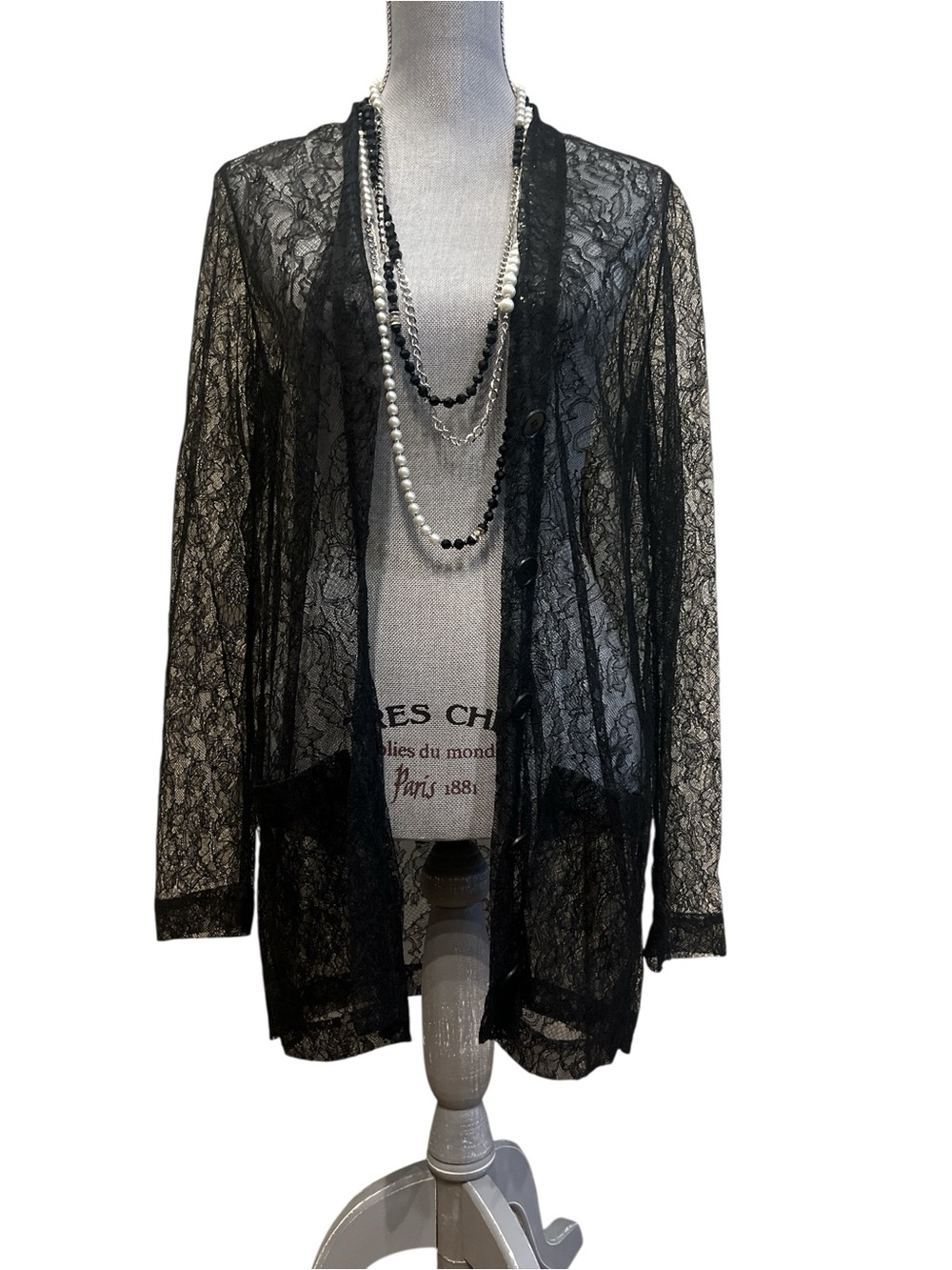 Sari Gueron Black Floral Lace Sheer Cardigan